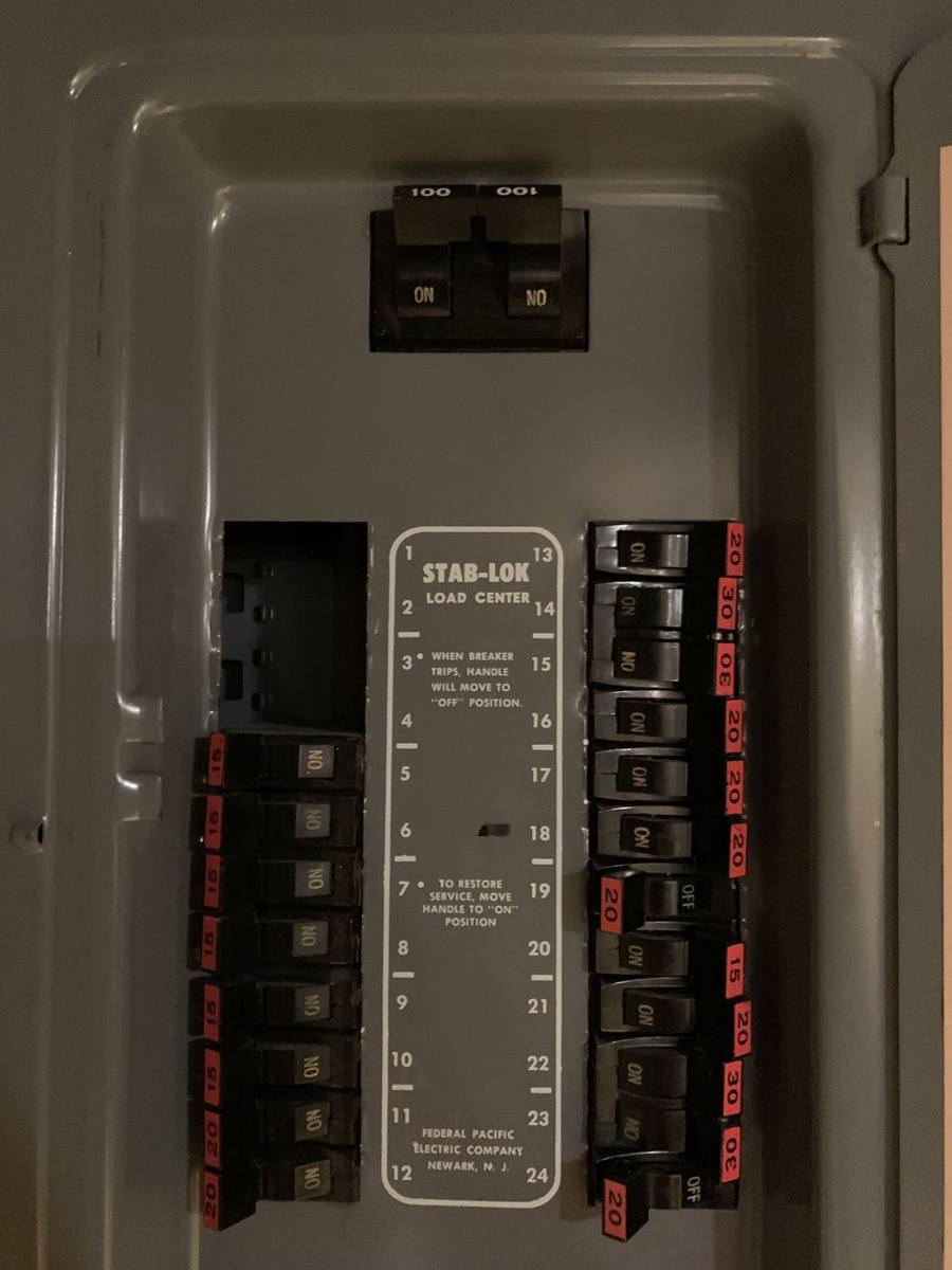 The open interior of a residential circuit breaker panel