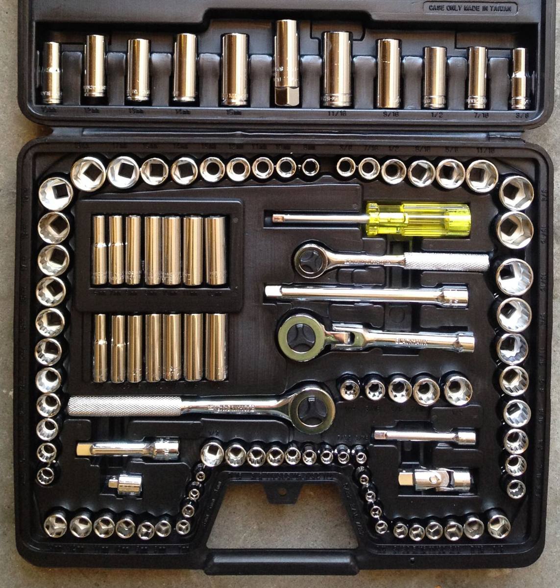 An open case of sockets and wrenches